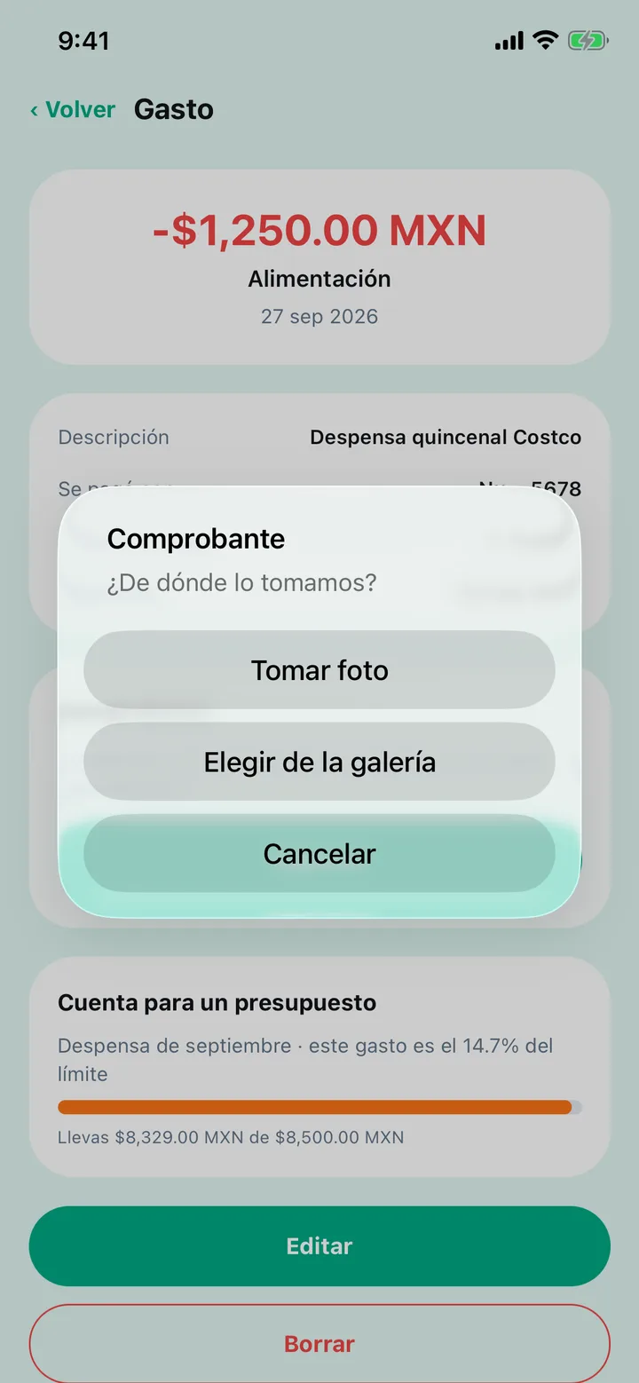 Adjuntar comprobante: tomar foto o elegir de la galería
