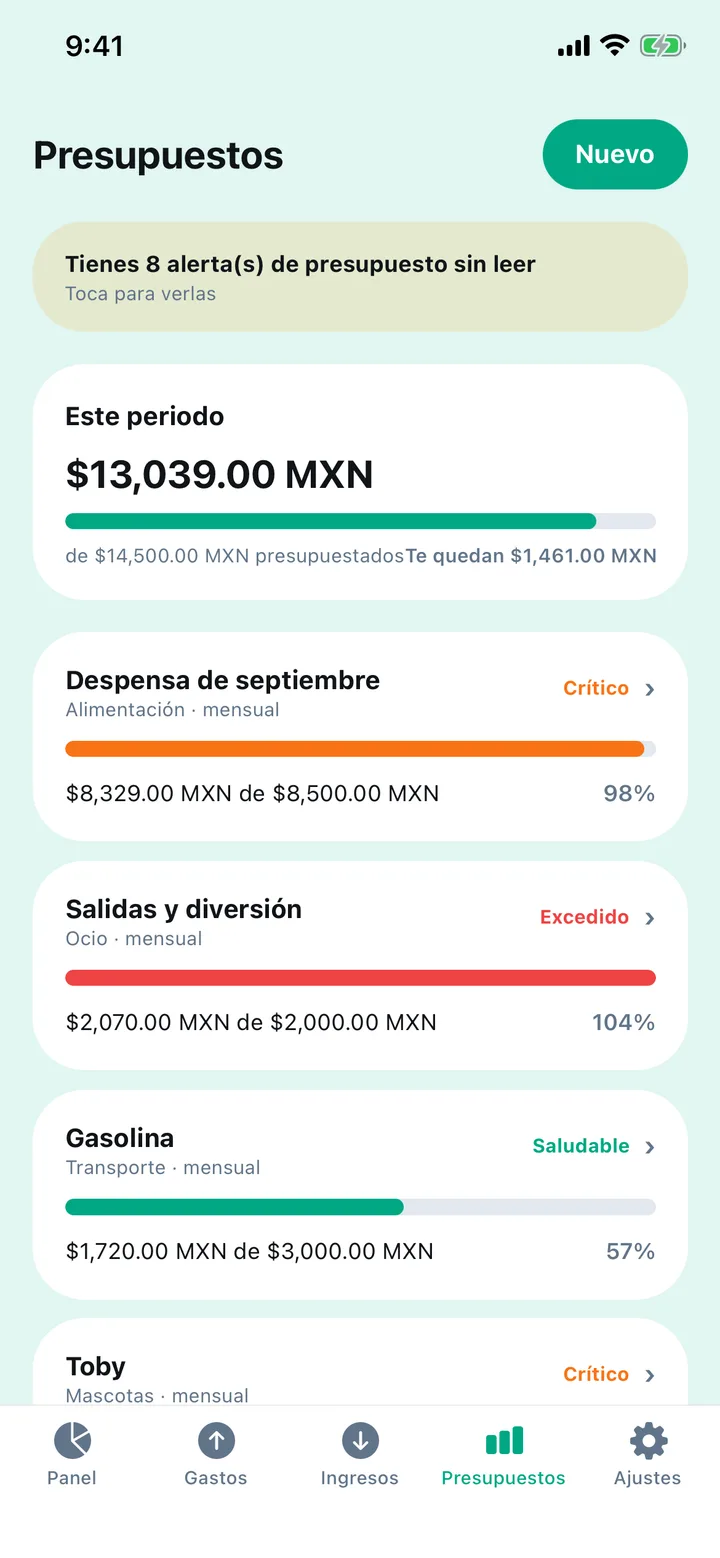 Presupuestos del periodo con su barra de avance y su estado