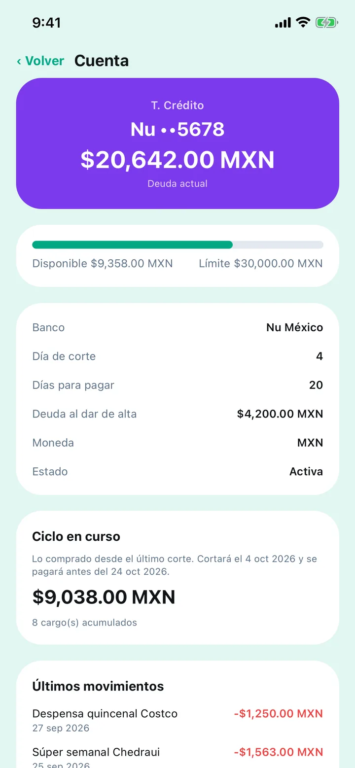 Tarjeta de crédito: deuda actual de $20,642.00, crédito disponible, día de corte y ciclo en curso