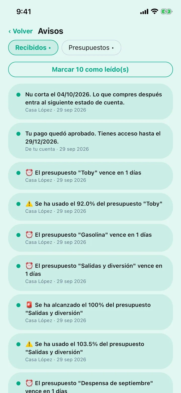 Avisos recibidos: cortes de tarjeta, pagos y movimientos de la familia