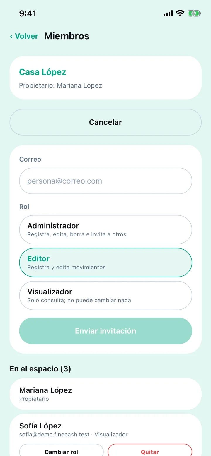 Invitar a alguien: correo y rol