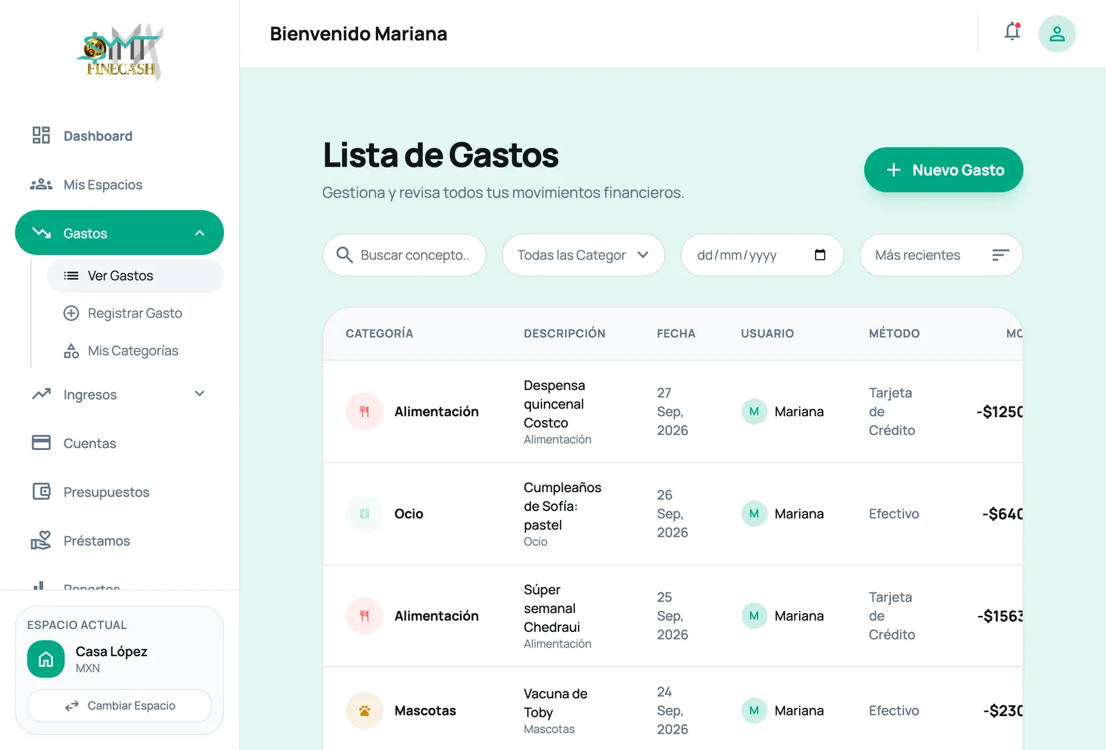 Lista de gastos con búsqueda, filtros por categoría y fecha, y quién registró cada uno