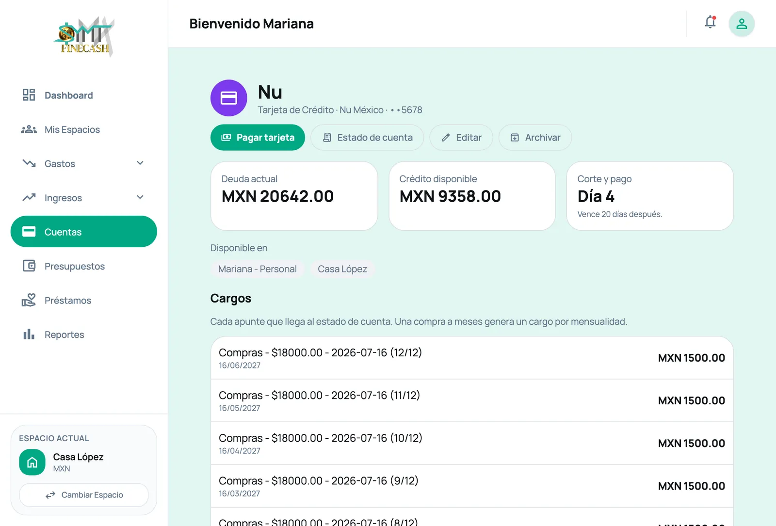 Detalle de una tarjeta de crédito con su deuda, disponible, corte y cargos