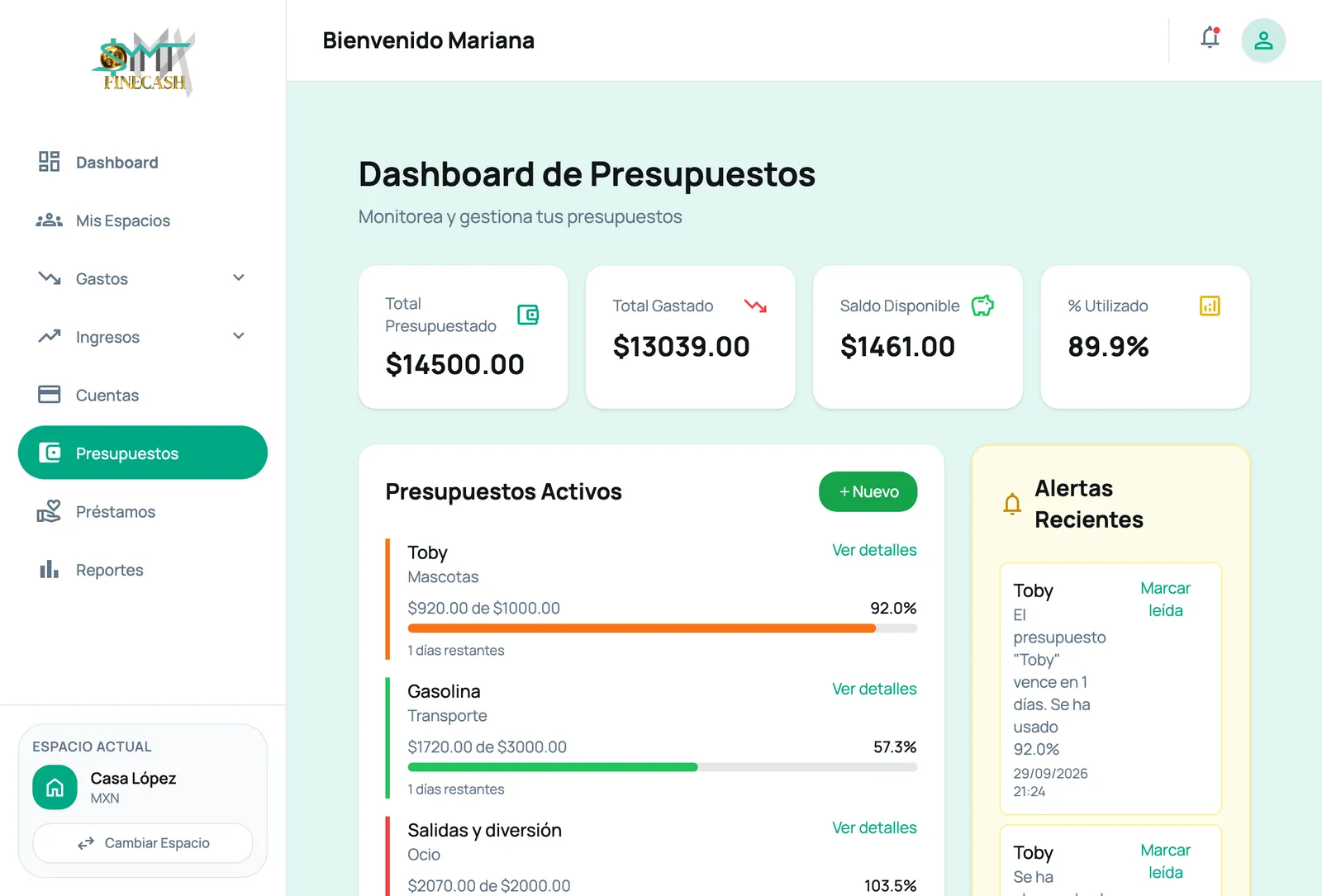 Dashboard de presupuestos: total presupuestado, gastado, disponible y alertas recientes
