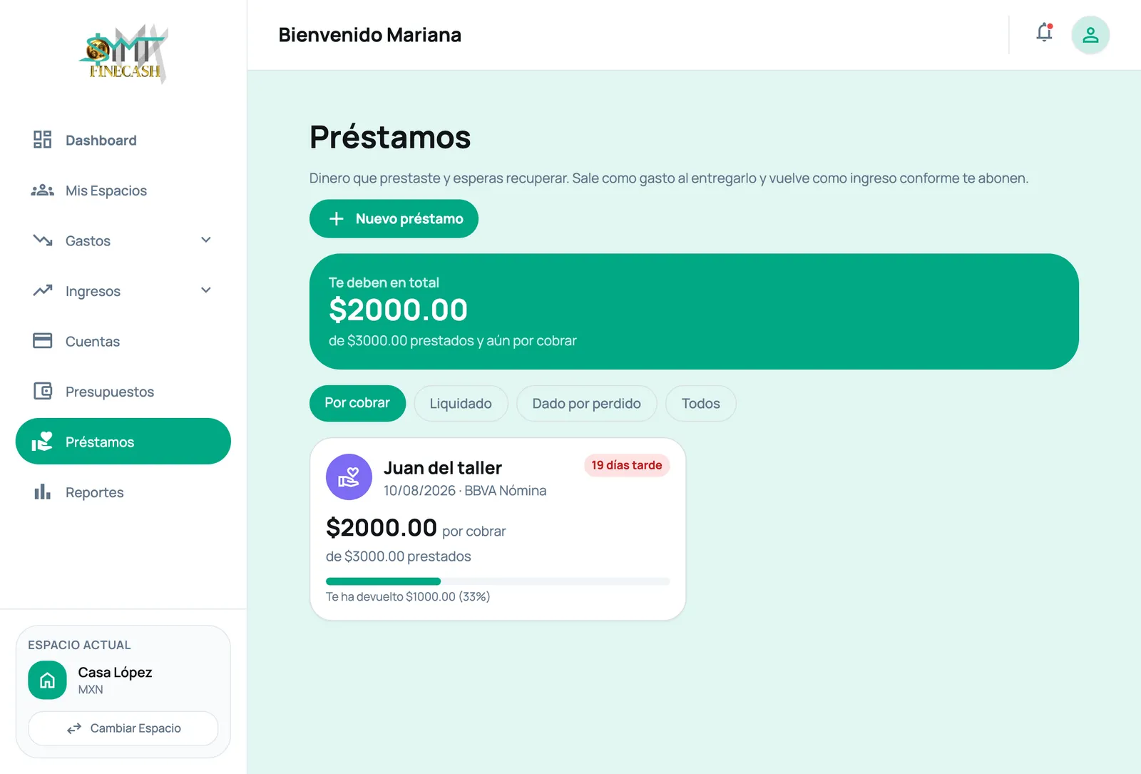 Préstamos por cobrar con lo devuelto y los días de retraso