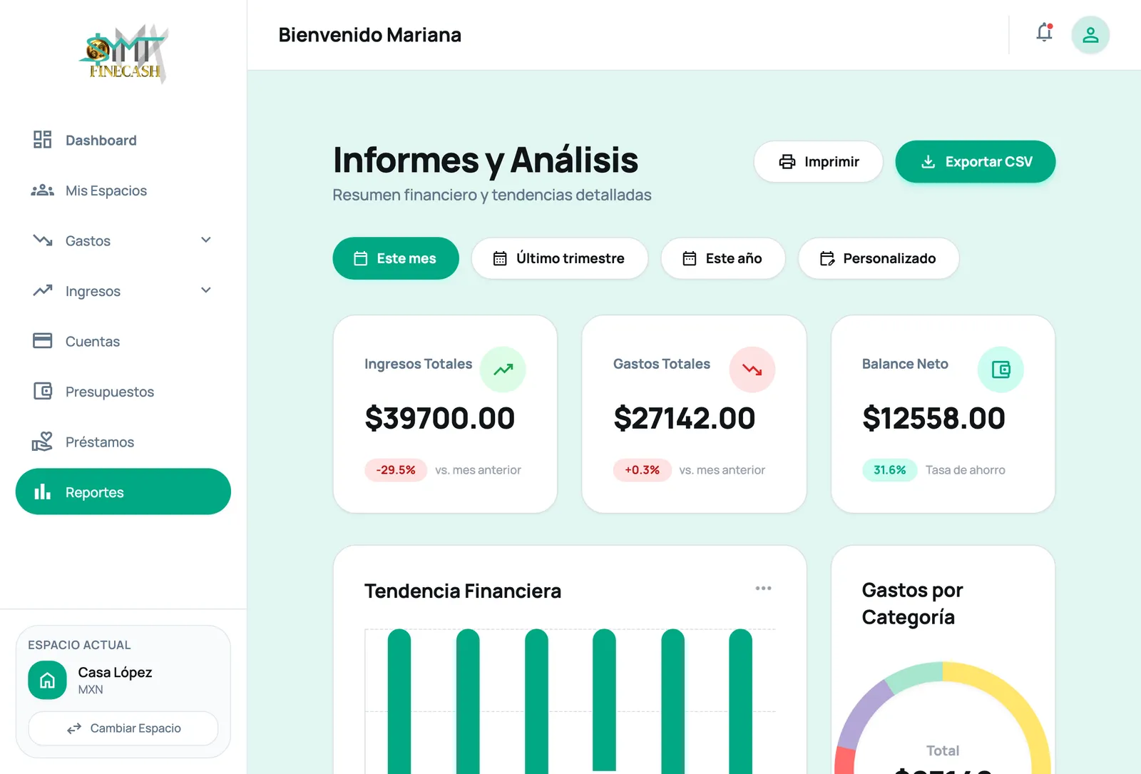 Informes y análisis: ingresos, gastos, balance neto y tendencia de 6 meses